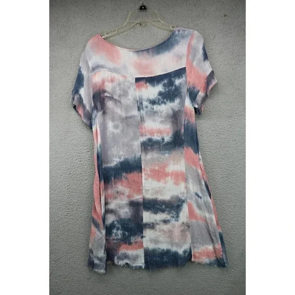 Umgee USA Tie Dyed Dress-Metallic Stripes-Frayed Hemline-Size Medium - Picture 7 of 8